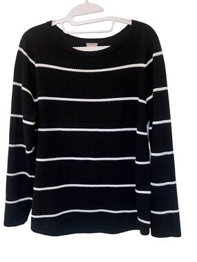 Chico's Black & White Striped Crewneck Sweater